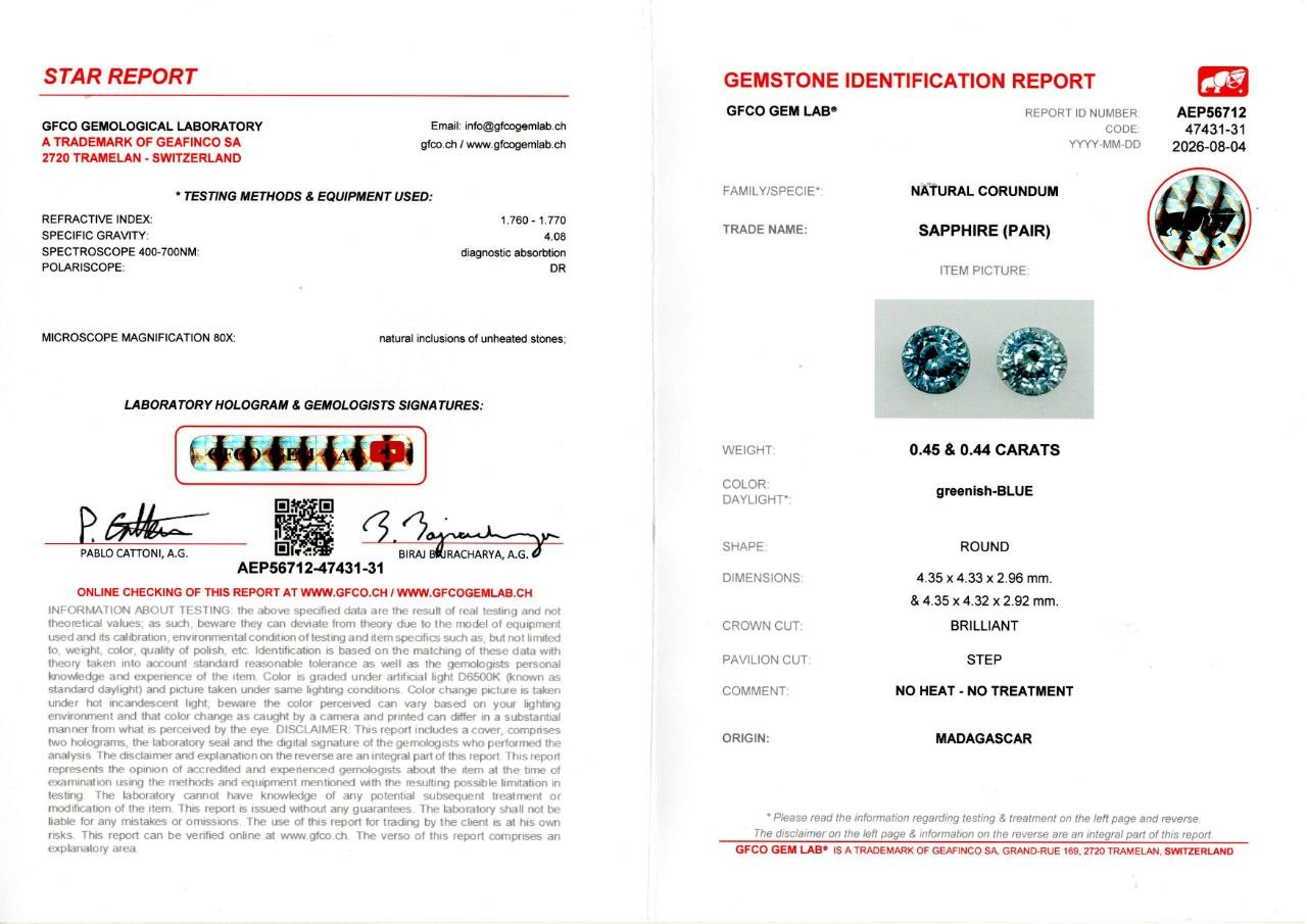 Пара негретых зелено-голубых сапфиров в огранке круг 0,89 карат, Мадагаскар  Изображение №5