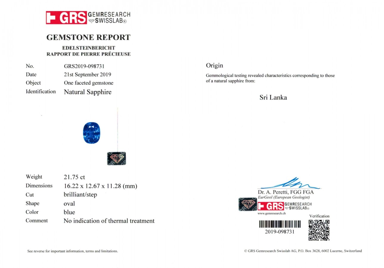 Сертификат Уникальный негретый цейлонский сапфир 21,75 карат, GRS