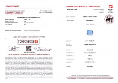 Сертификат Сапфир цвета Cornflower в огранке октагон 2,01 карата