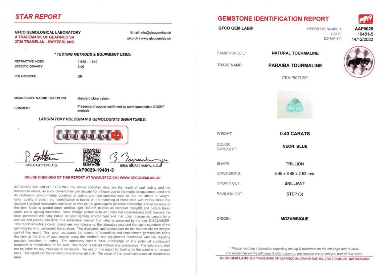 Сертификат Турмалин параиба в редкой огранке триллион 0,43 карата