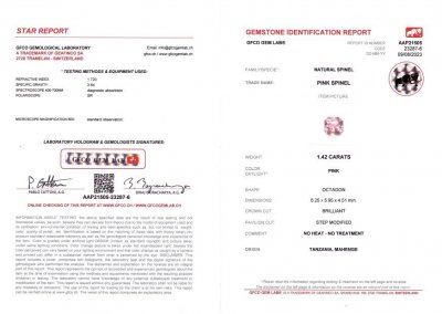Сертификат Розовая шпинель в огранке радиант 1,42  карата из Танзании