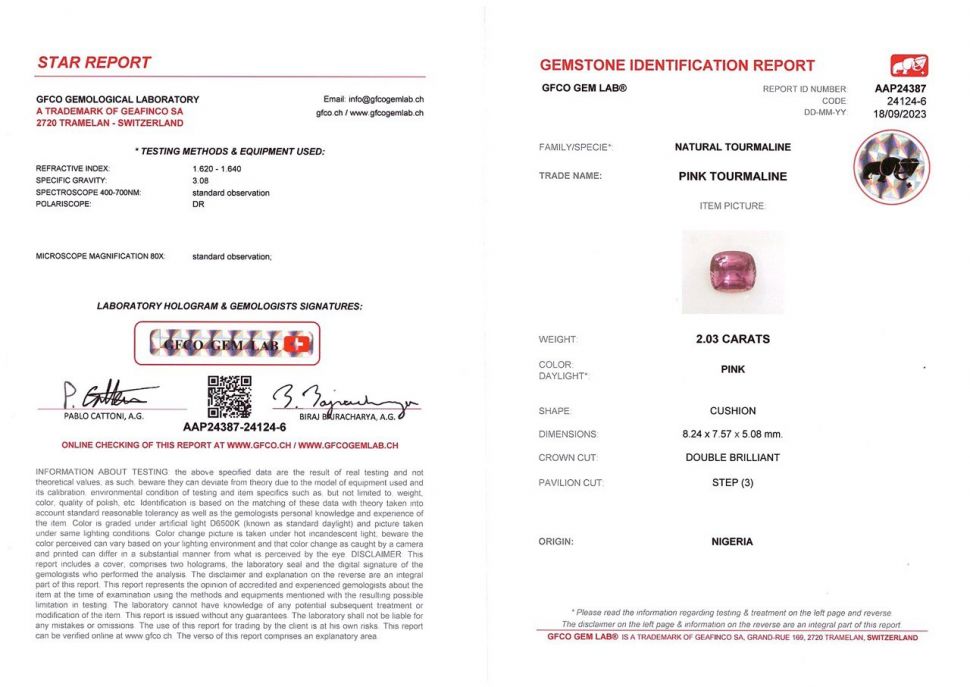 Сертификат Турмалин рубеллит в огранке кушон 2,03 карат, Нигерия