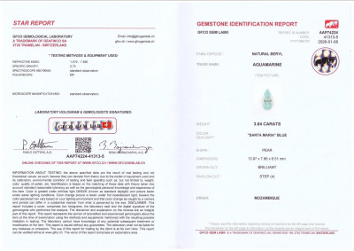 Сертификат Аквамарин в огранке груша 3,64 карата, Мозамбик