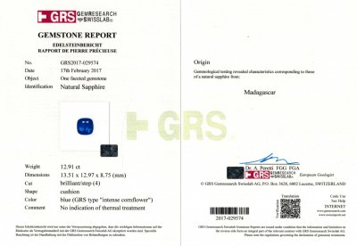 Сертификат Пара синих сапфиров 26,04 карат. GRS: No heat, Int. Cornflower, Madagascar