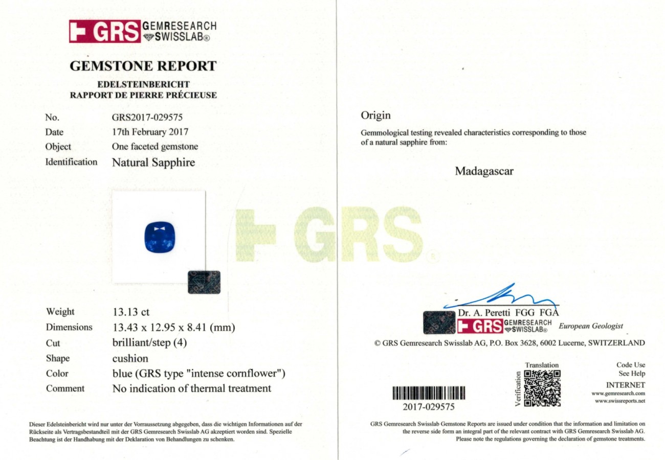 Сертификат Пара синих сапфиров 26,04 карат. GRS: No heat, Int. Cornflower, Madagascar