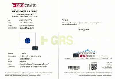Сертификат Пара синих сапфиров 26,04 карат. GRS: No heat, Int. Cornflower, Madagascar
