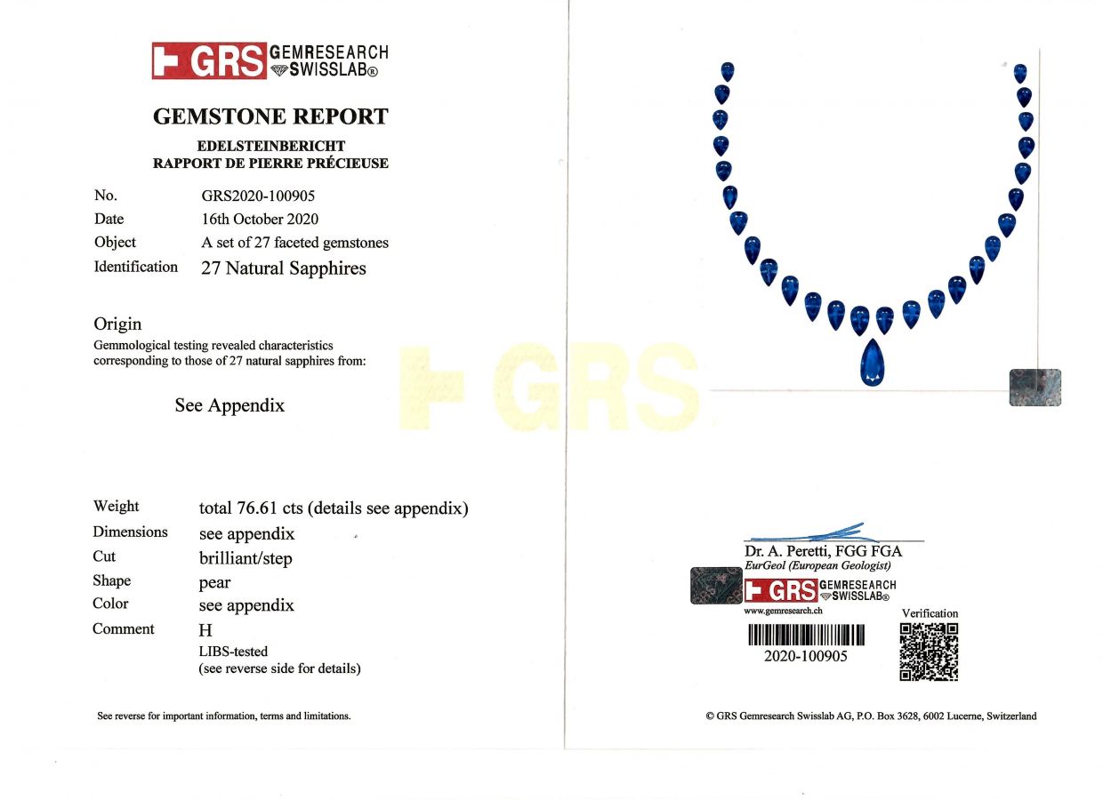 Сертификат Комплект из 27 синих сапфиров цвета Royal Blue в огранке груша 76,61 карат, GRS