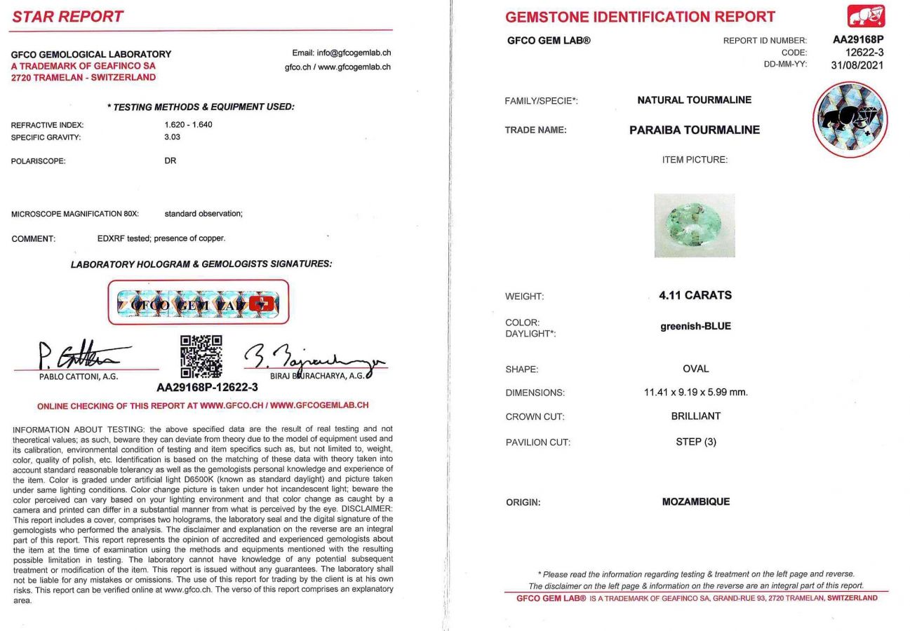 Сертификат Светло-голубой турмалин Параиба в огранке овал 4,11 карата, GFCO