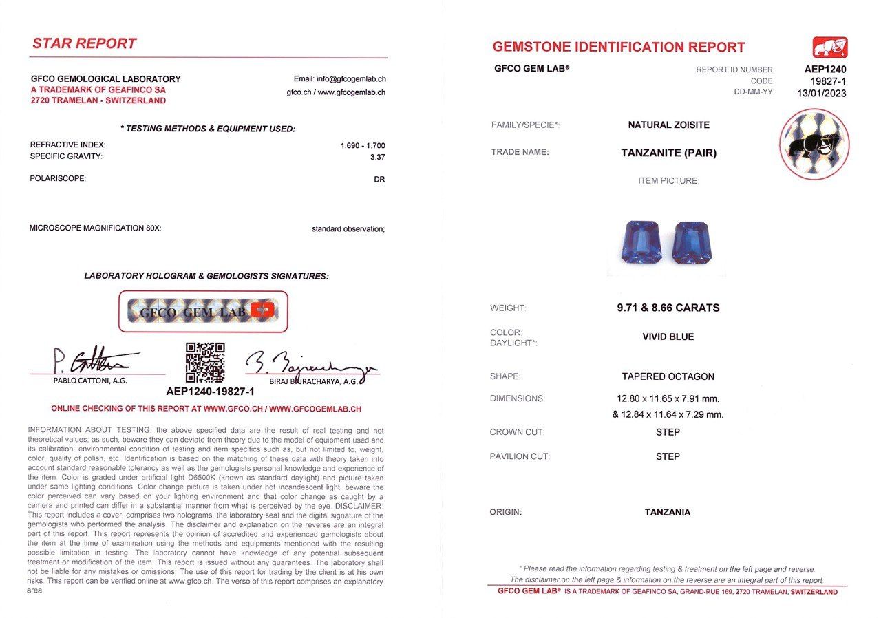 Сертификат Пара насыщенных синих танзанитов в трапециевидной огранке 18,37 карат