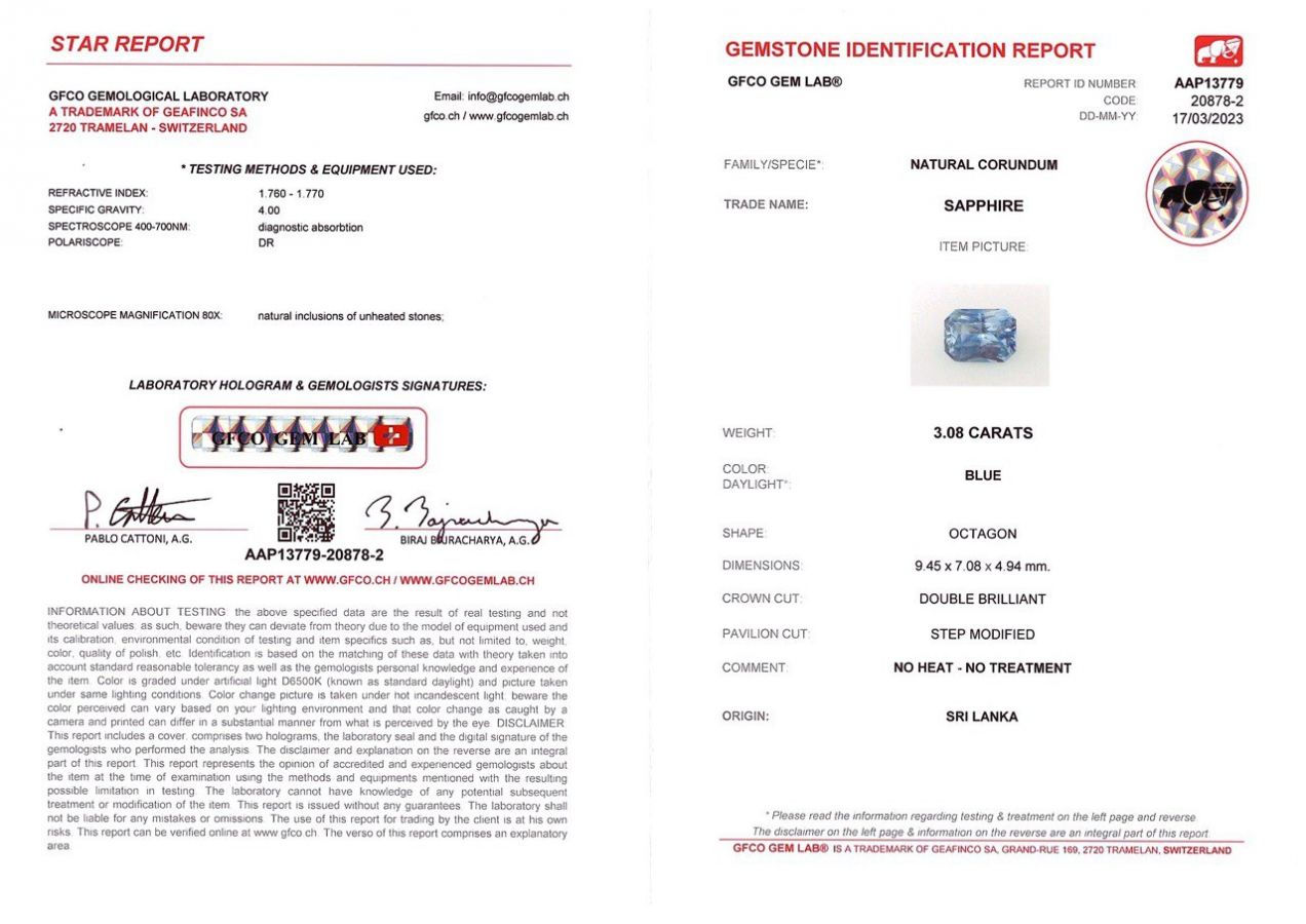 Сертификат Голубой негретый сапфир 3,08 карат в огранке октагон, Шри-Ланка