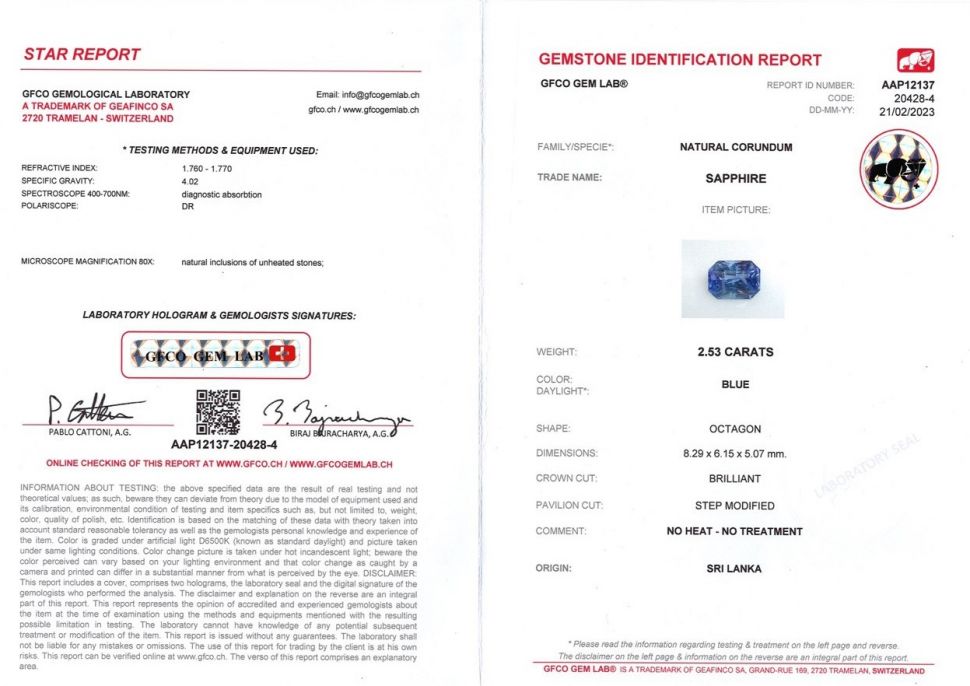 Сертификат Негретый сапфир голубого цвета в огранке радиант 2,53 карата, Шри-Ланка