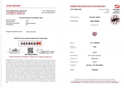 Сертификат Розовая шпинель в огранке сердце 2,11 карат, Танзания