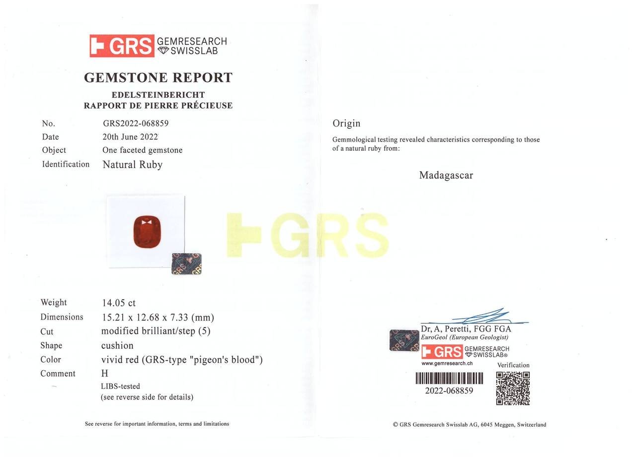 Крупный рубин Pigeon blood в огранке кушон 14,05 карат, Мадагаскар (GRS, AGL, SSEF) Изображение №6