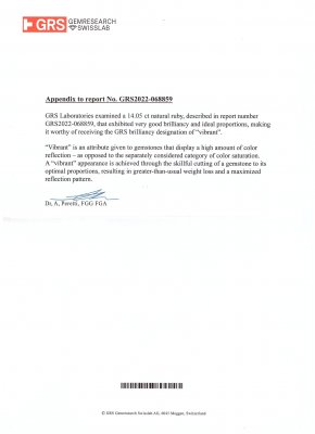 Сертификат Крупный рубин Pigeon blood в огранке кушон 14,05 карат, Мадагаскар (GRS, AGL, SSEF)