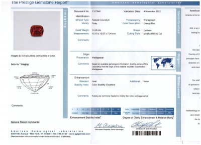 Сертификат Крупный рубин Pigeon blood в огранке кушон 14,05 карат, Мадагаскар (GRS, AGL, SSEF)