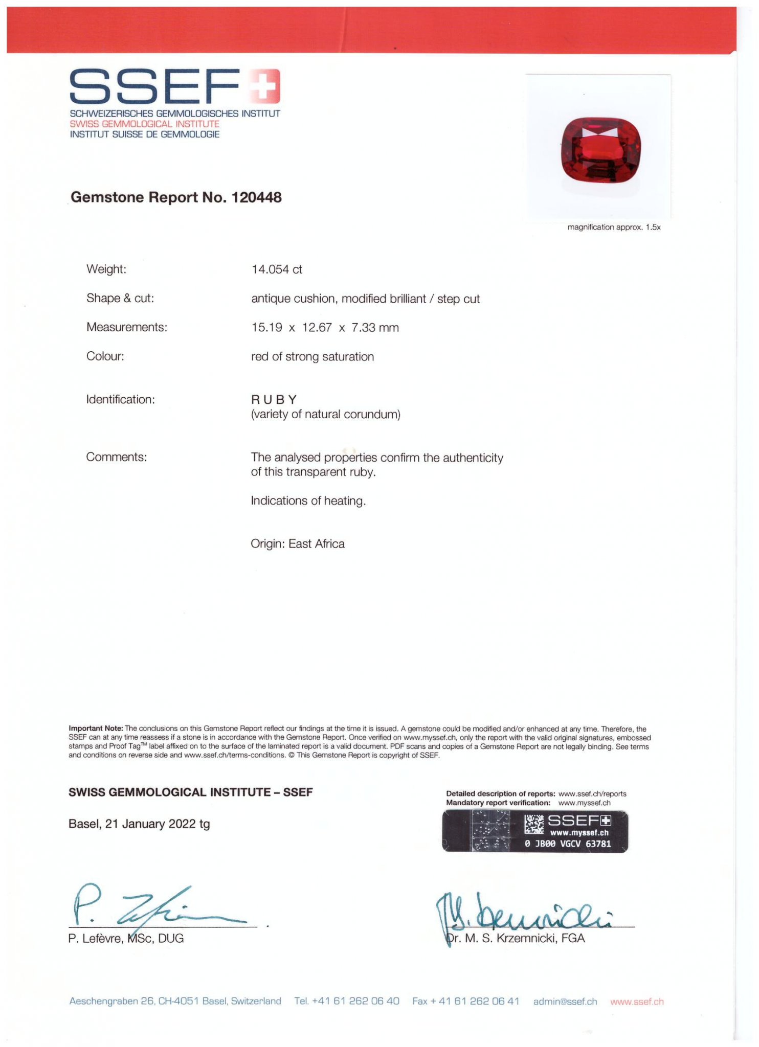 Крупный рубин Pigeon blood в огранке кушон 14,05 карат, Мадагаскар (GRS, AGL, SSEF) Изображение №9