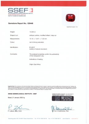 Сертификат Крупный рубин Pigeon blood в огранке кушон 14,05 карат, Мадагаскар (GRS, AGL, SSEF)