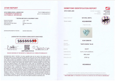 Сертификат Аквамарин в огранке сердце 6,04 карата, Мозамбик