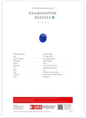 Сертификат Негретый сапфир Cornflower Blue в огранке овал 9,20 карат, Мадагаскар