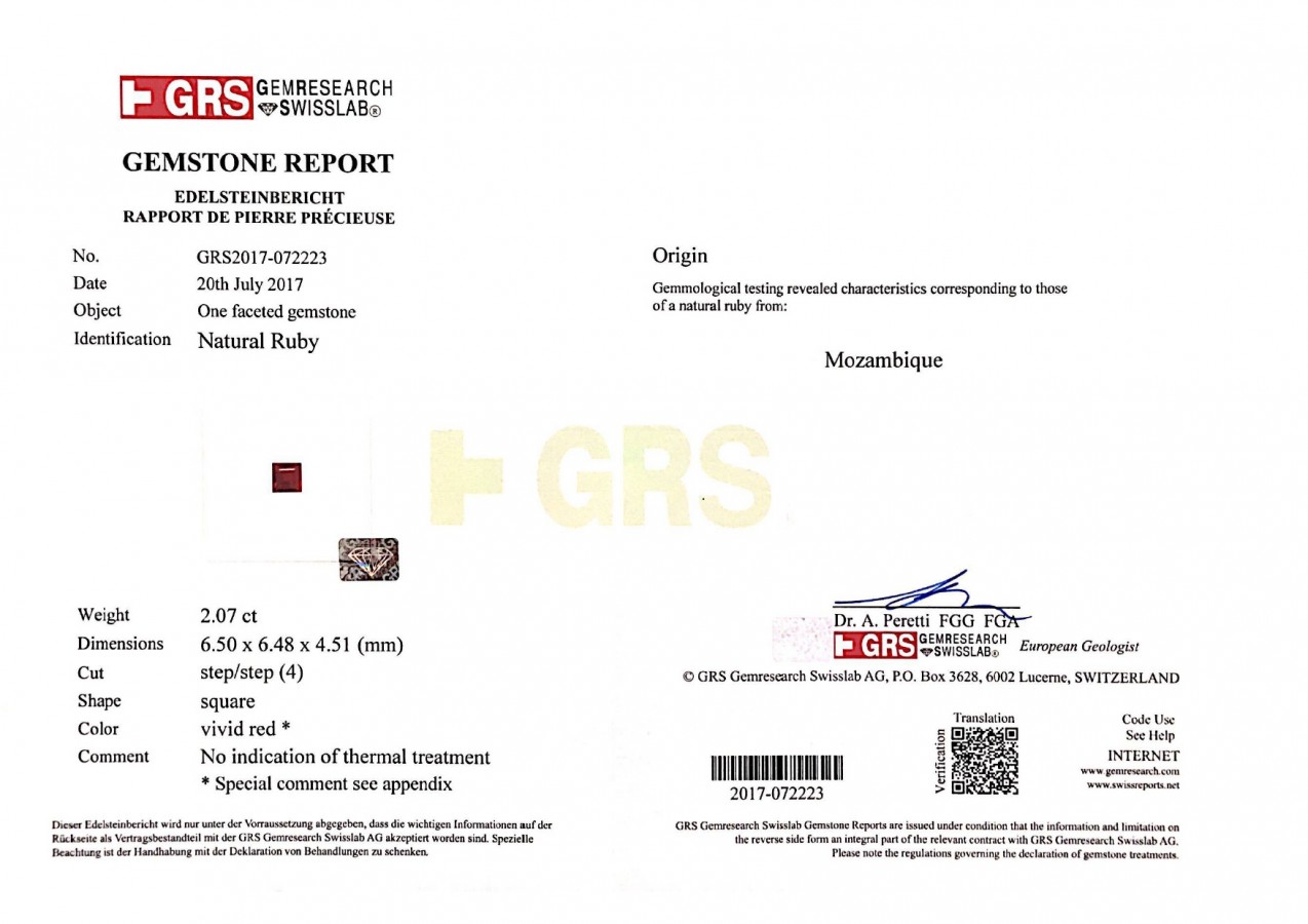 Сертификат Негретый рубин 2,07 карата, Мозамбик (GRS)