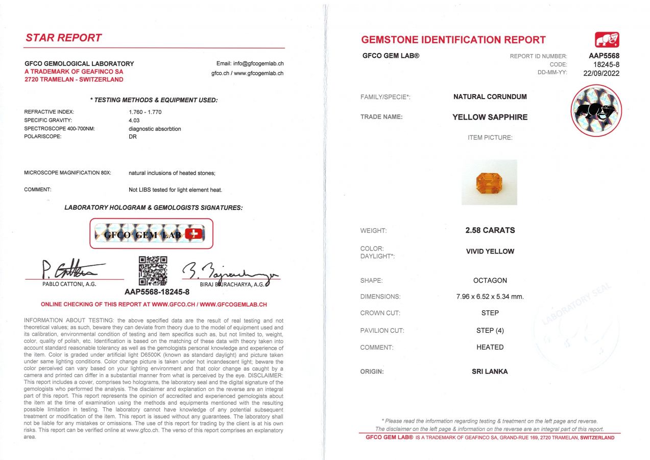 Сертификат Медово-жёлтый сапфир в огранке октагон 2,58 карат, Шри-Ланка