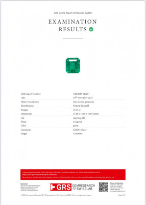 Сертификат Изумруд в огранке октагон 17,17 карат, Колумбия