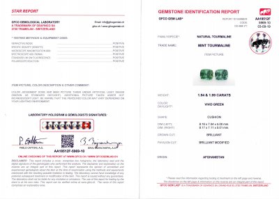 Сертификат Пара зеленых верделитов 3,93 карат, GFCO