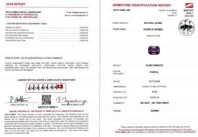 Сертификат Насыщенная пурпурная шпинель 13,06 карат, Бирма