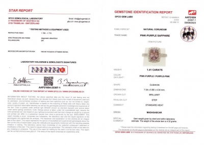 Сертификат Кольцо с розовым сапфиром 1,41 карата и бриллиантами в белом золоте 750 пробы
