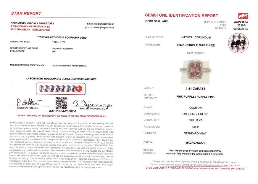 Сертификат Розовый сапфир в огранке кушон 1,41 карата, Мадагаскар