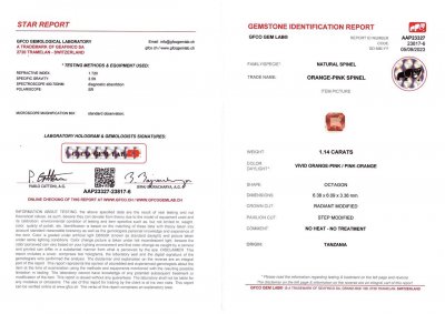 Сертификат Розово-красная  шпинель в огранке радиант 1,14 карата, Танзания