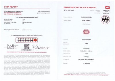 Сертификат Розовая шпинель из Таджикистана в огранке октагон 1,71 карата 