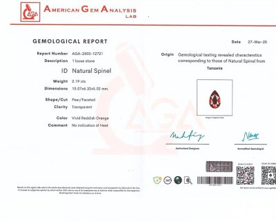 Сертификат Ярко-розовая шпинель Махенге в огранке груша 2,19 карата, Танзания  