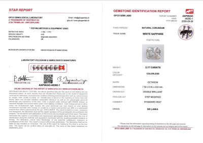 Сертификат Белый сапфир в огранке радиант 2,17 карат, Шри-Ланка