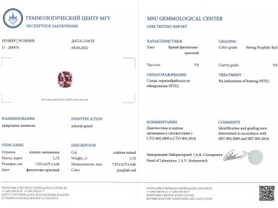 Сертификат Кольцо с розовой шпинелью 1,72 карата и бриллиантами в белом золоте 750 пробы
