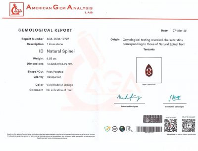 Сертификат Яркая розово-красная шпинель Махенге в огранке груша 4,55 карата, Танзания  