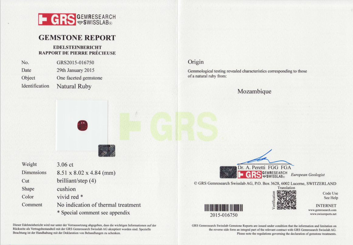 Сертификат Негретый рубин 3,06 карат, Мозамбик (GRS)