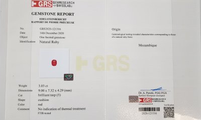Сертификат Негретый рубин из Мозамбика 3,03 карата, GRS