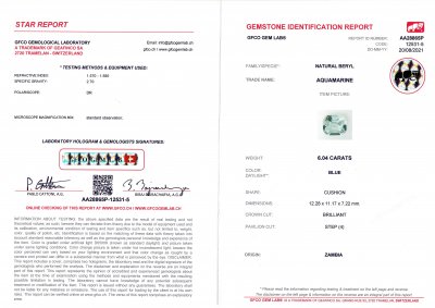 Сертификат Аквамарин в огранке кушон 6,04 карат, Замбия, GFCO