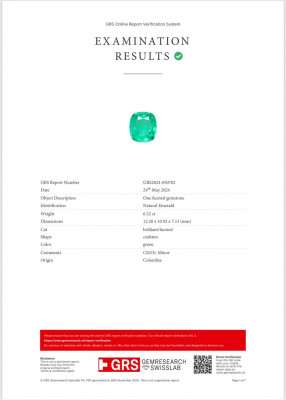 Сертификат Изумруд в огранке октагон 6,32 карата, Колумбия