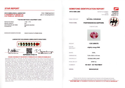 Сертификат Лот №3. Негретый сапфир Падпараджа в огранке овал 1,55 карат, Мадагаскар
