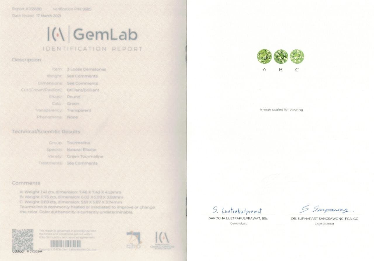 Сертификат Комплект мятных турмалинов 2,86 карата, Афганистан