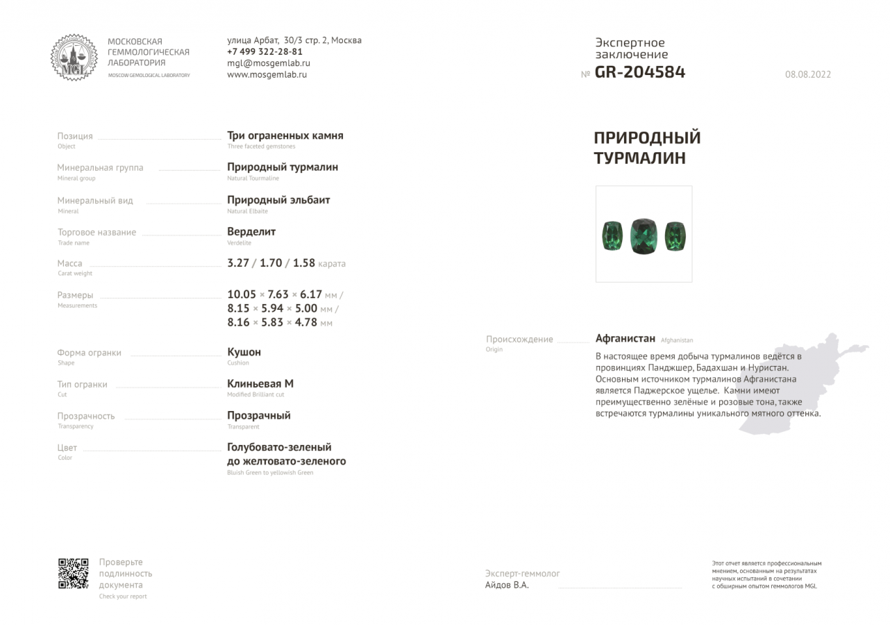 Сертификат Комплект сине-зеленых турмалинов 6,56 карат