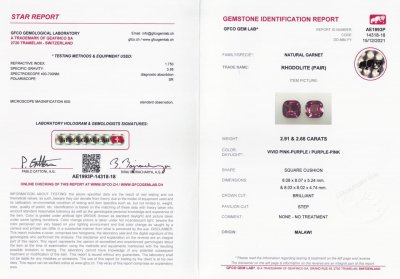 Сертификат Пара насыщенных родолитов в огранке кушон 5,57 карат, Малави