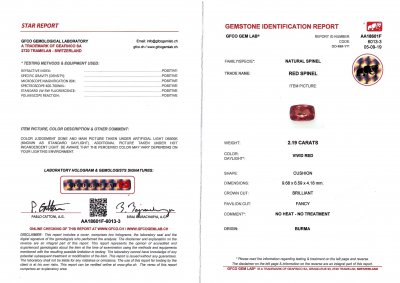Сертификат Красная бирманская шпинель в огранке кушон 2,19 карат, GFCO