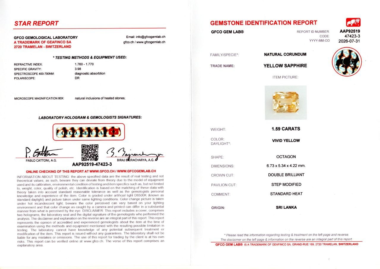 Негретый Vivid yellow сапфир в огранке радиант 1,59 карат, Шри-Ланка Изображение №6