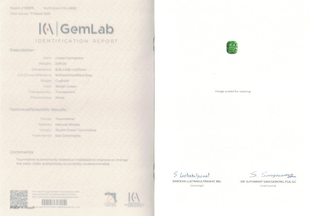 Сертификат Турмалин цвета Lagoon 3,09 карата, Афганистан, ICA
