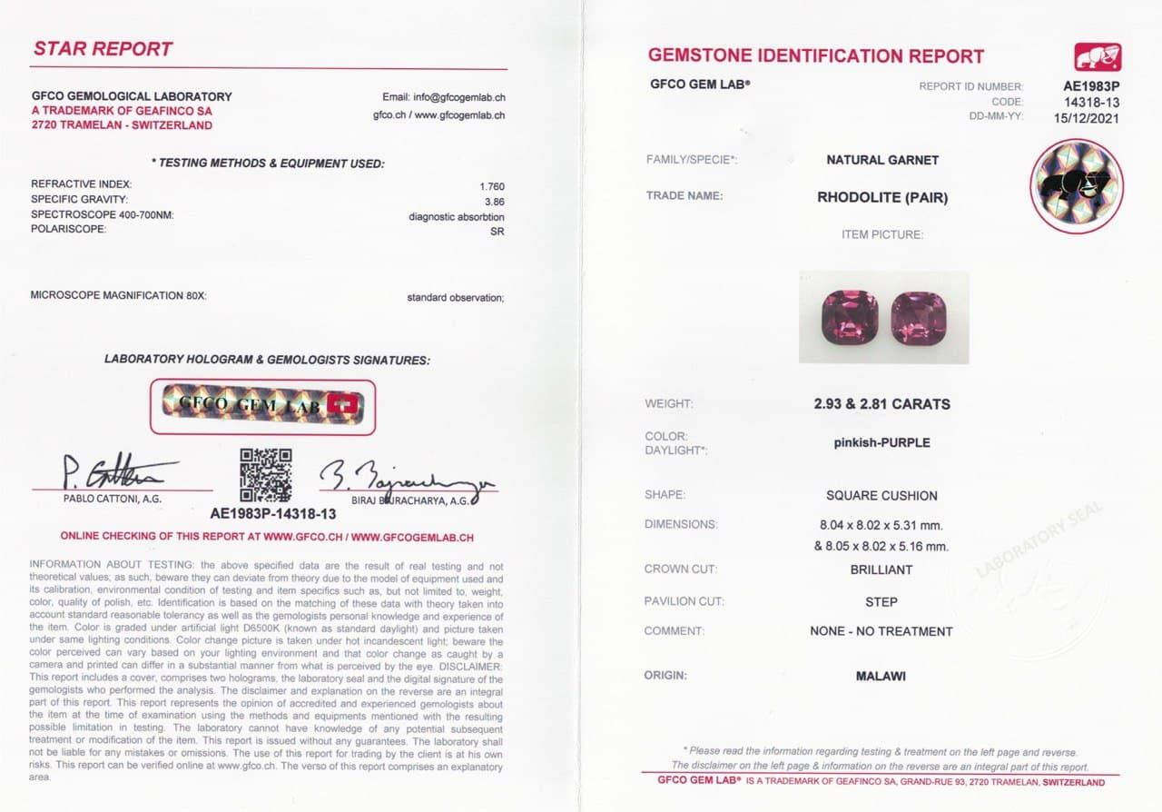 Сертификат Пара гранатов родолитов в огранке кушон 5,74 карат, Малави