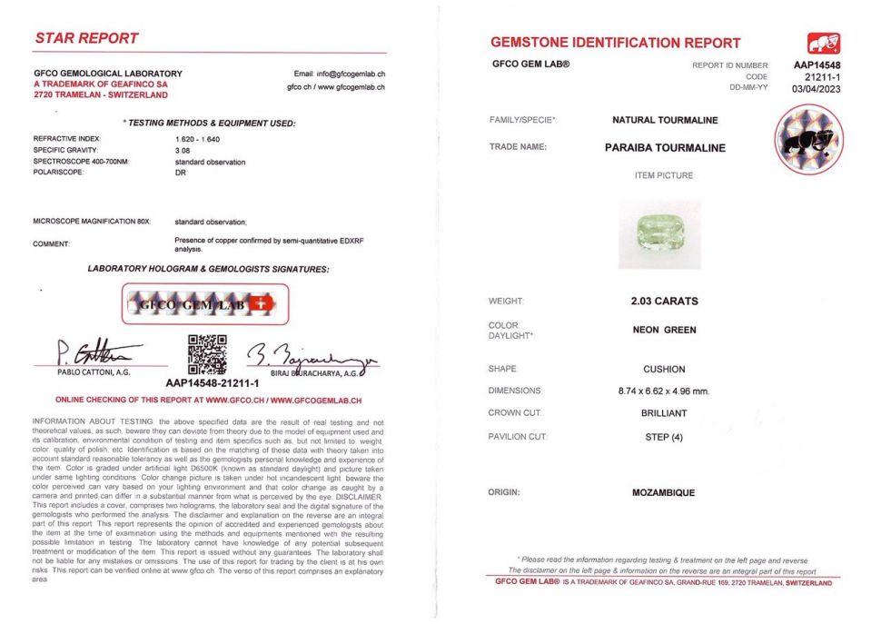 Сертификат Турмалин Параиба в огранке кушон 2,03 карата, Мозамбик
