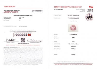 Сертификат Розовый турмалин в огранке овал 4,93 карат, Конго